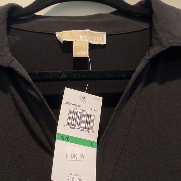 Black jersey knit Michael Kors shirt dress with gold belt and buttons. - Picture 2 of 3